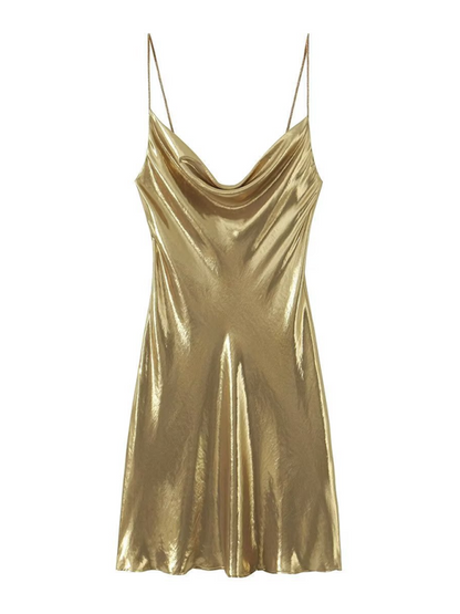 Disco Dresses- Metallic Slip Dress- Golden yellow- Pekosa Women Fashion