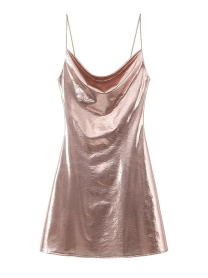 Disco Dresses- Metallic Slip Dress- Pink- Pekosa Women Fashion