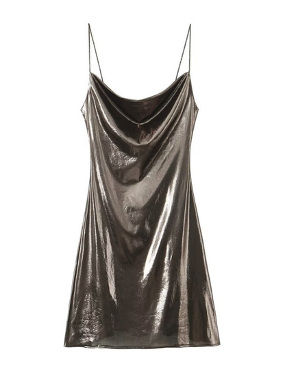 Disco Dresses- Metallic Slip Dress- Black- Pekosa Women Fashion