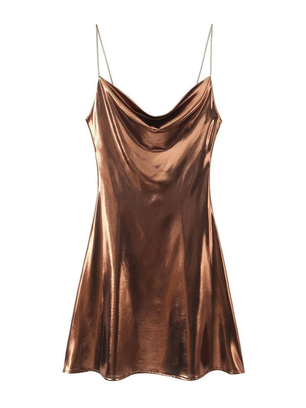 Disco Dresses- Metallic Slip Dress- Coffee- Pekosa Women Fashion