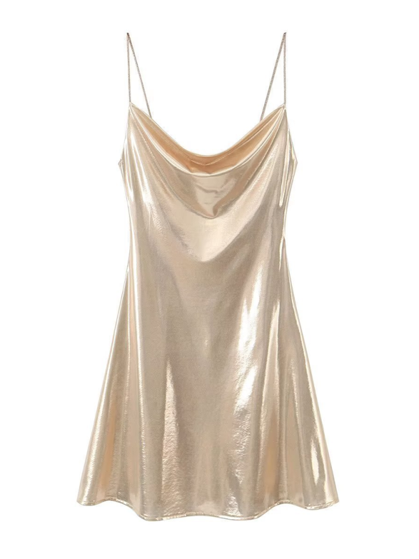 Disco Dresses- Metallic Slip Dress- Champagne- Pekosa Women Fashion