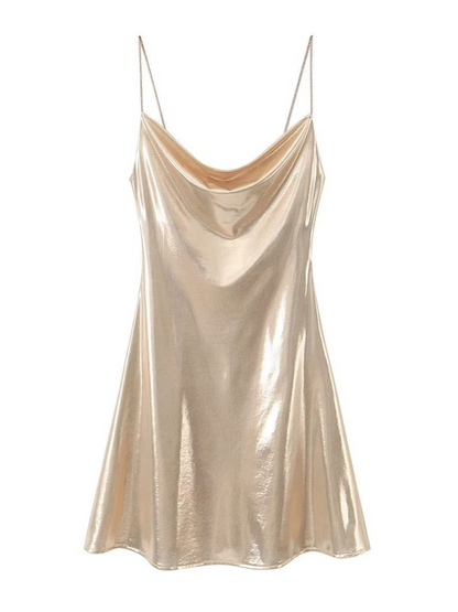 Disco Dresses- Metallic Slip Dress- Champagne- Pekosa Women Fashion