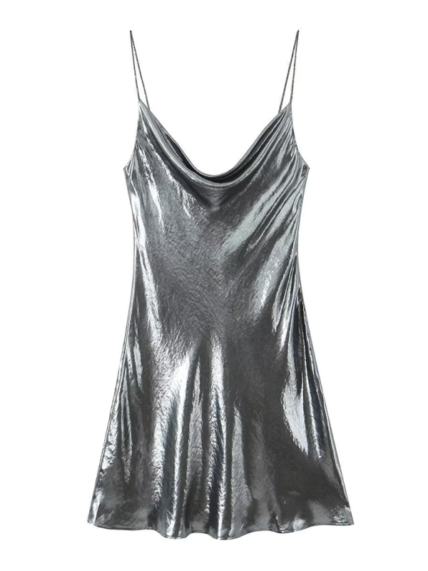 Disco Dresses- Metallic Slip Dress- Charcoal grey- Pekosa Women Fashion