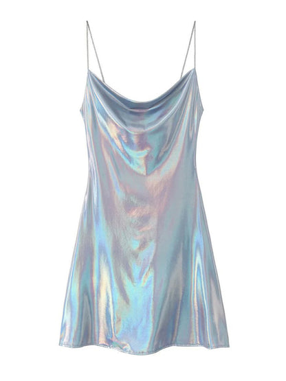 Disco Dresses- Metallic Slip Dress- Blue- Pekosa Women Fashion