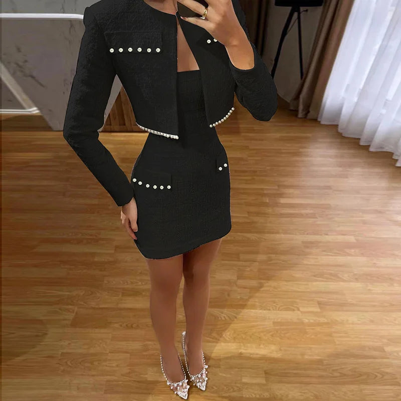 Dress & Top Matching Set Outfit - Mini Strapless Bodycon + Crop Blazer Matching Set Outfit - Professional