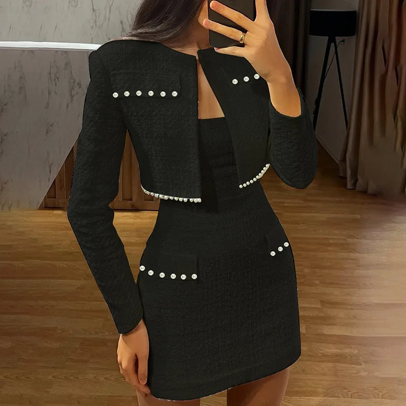 Dress & Top Matching Set Outfit - Mini Strapless Bodycon + Crop Blazer Matching Set Outfit - Professional