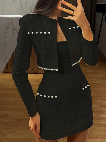 Dress & Top Matching Set Outfit - Mini Strapless Bodycon + Crop Blazer Matching Set Outfit - Professional