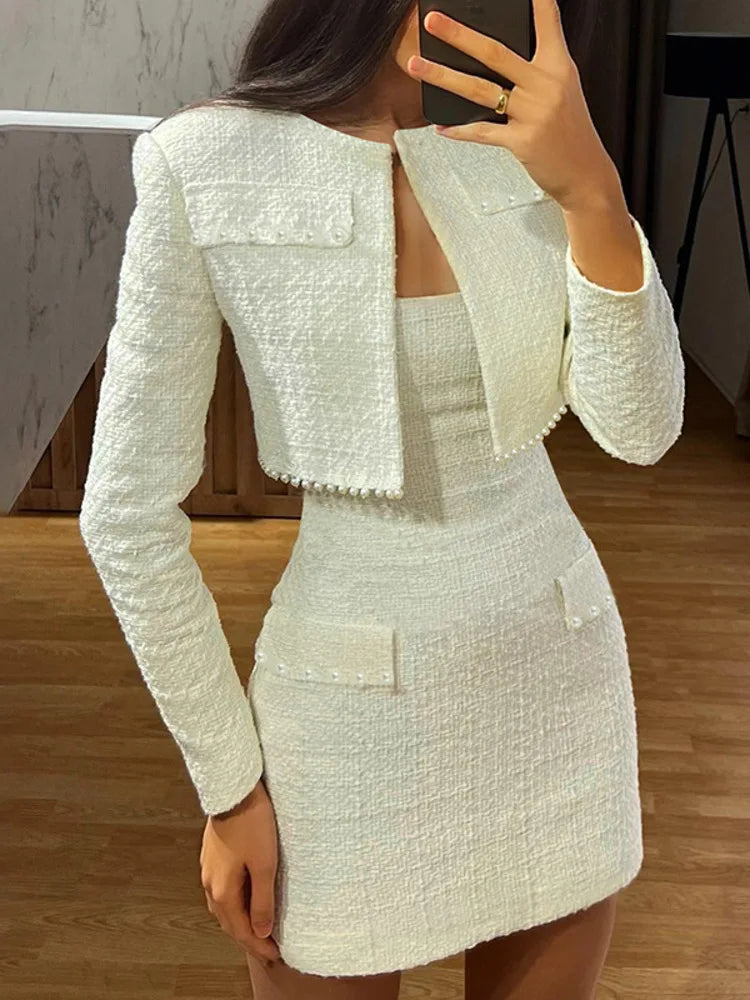 Dress & Top Matching Set Outfit - Mini Strapless Bodycon + Crop Blazer Matching Set Outfit - Professional