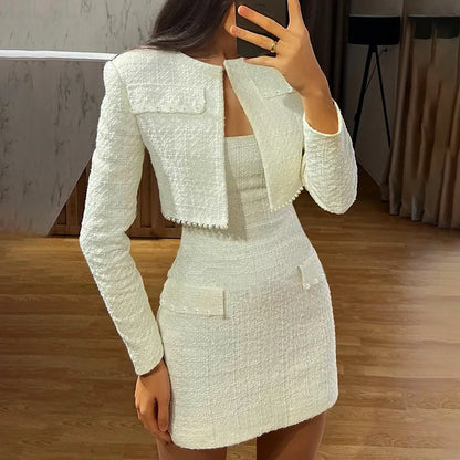 Dress & Top Matching Set Outfit - Mini Strapless Bodycon + Crop Blazer Matching Set Outfit - Professional