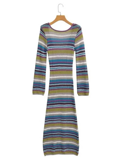 Dresses - Colorful Striped Backless Dress for Every Occasion