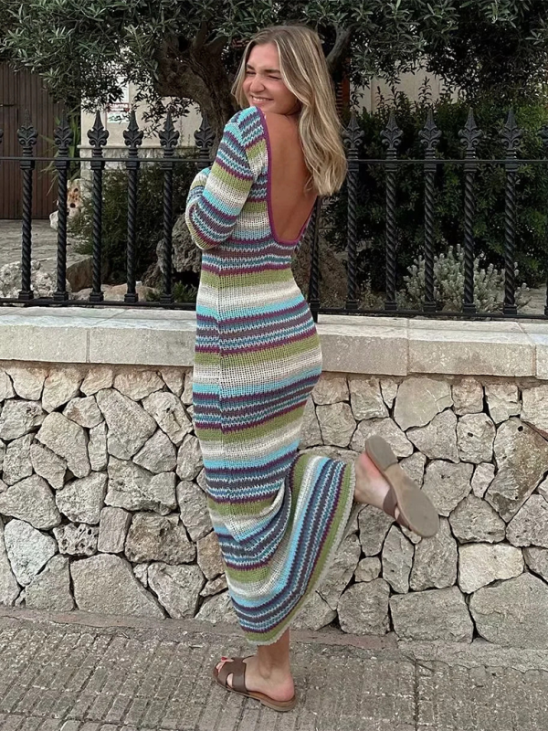 Dresses - Colorful Striped Backless Dress for Every Occasion