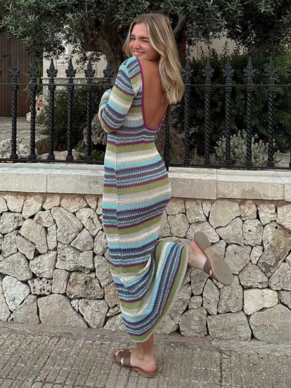 Dresses - Colorful Striped Backless Dress for Every Occasion