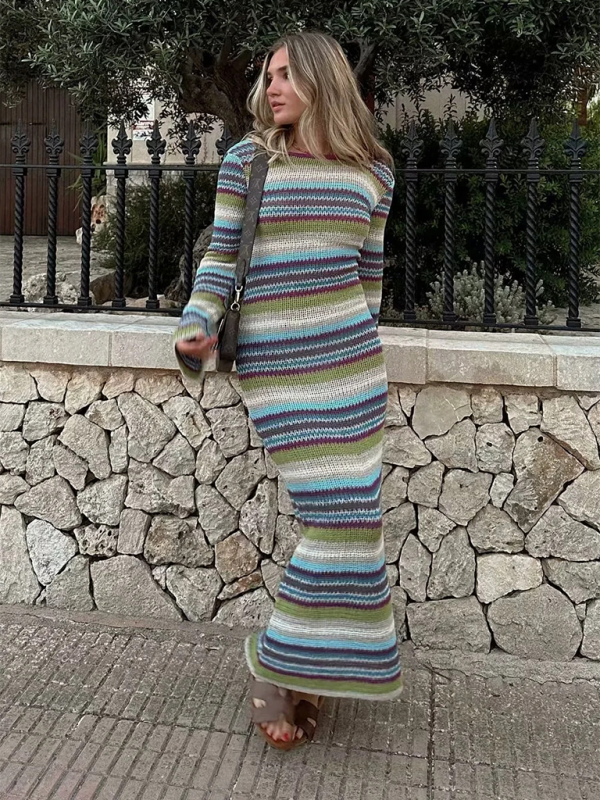 Dresses - Colorful Striped Backless Dress for Every Occasion