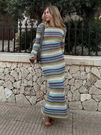 Dresses - Colorful Striped Backless Dress for Every Occasion