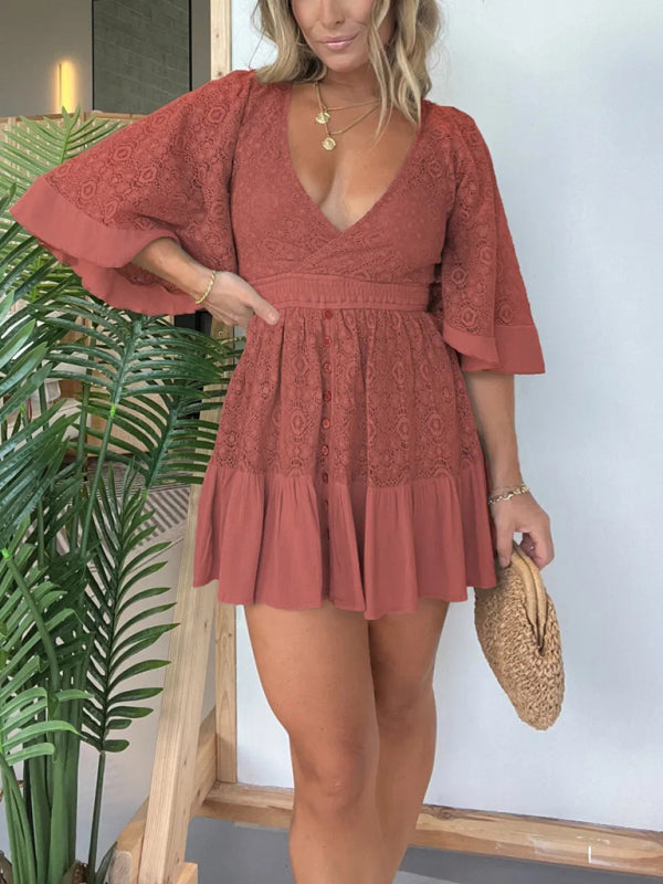 Dressy Dresses - Floral Lace Overlay Kimono Sleeve Dress