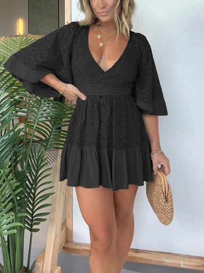 Dressy Dresses - Floral Lace Overlay Kimono Sleeve Dress