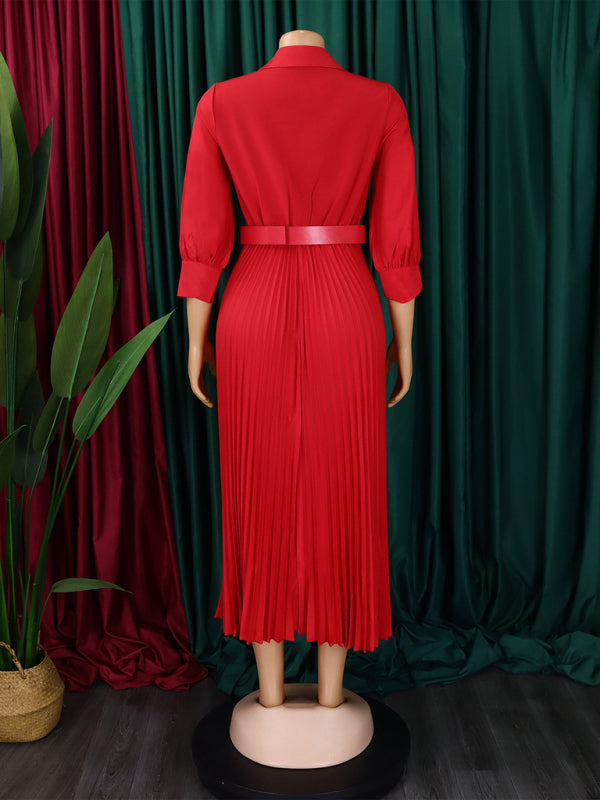 Elegant Dresses - Belted Elegant Pleated Midi Dress for Cocktail Affairs