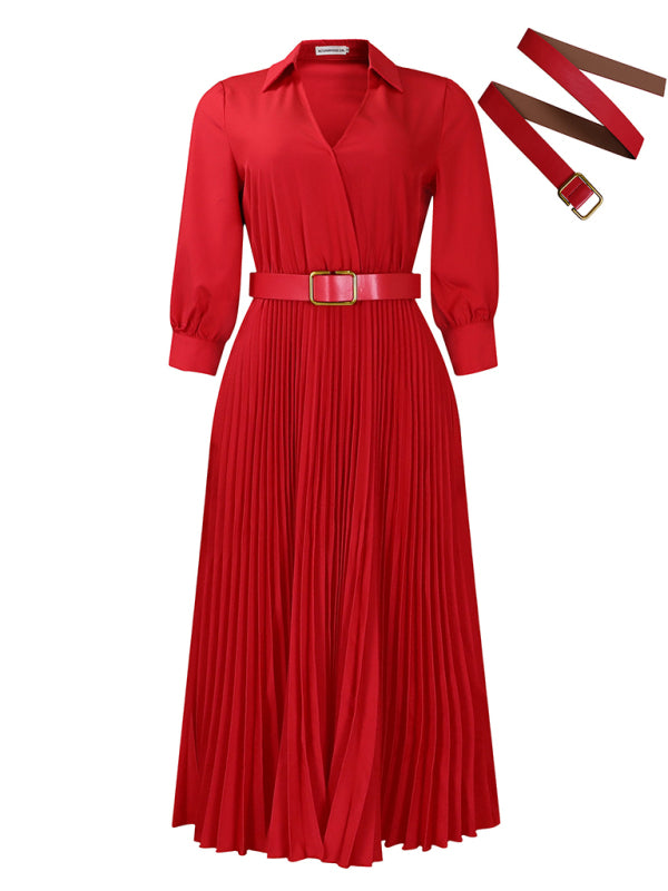 Elegant Dresses - Belted Elegant Pleated Midi Dress for Cocktail Affairs