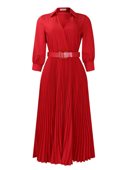 Elegant Dresses - Belted Elegant Pleated Midi Dress for Cocktail Affairs