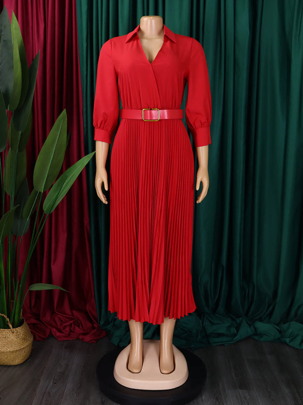 Elegant Dresses - Belted Elegant Pleated Midi Dress for Cocktail Affairs