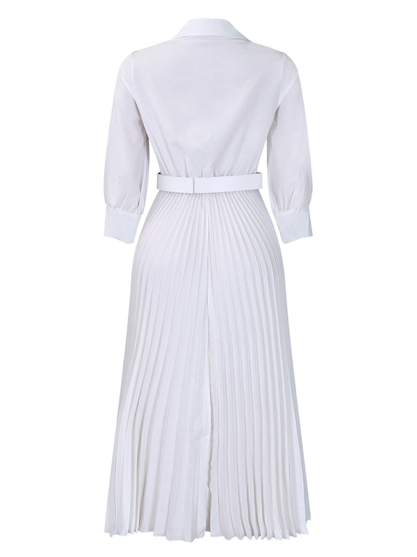 Elegant Dresses - Belted Elegant Pleated Midi Dress for Cocktail Affairs