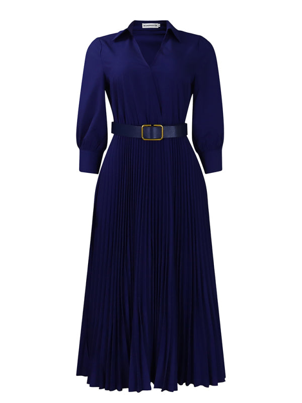 Elegant Dresses - Belted Elegant Pleated Midi Dress for Cocktail Affairs