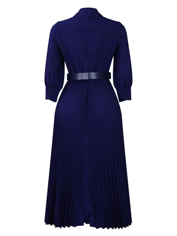 Elegant Dresses - Belted Elegant Pleated Midi Dress for Cocktail Affairs