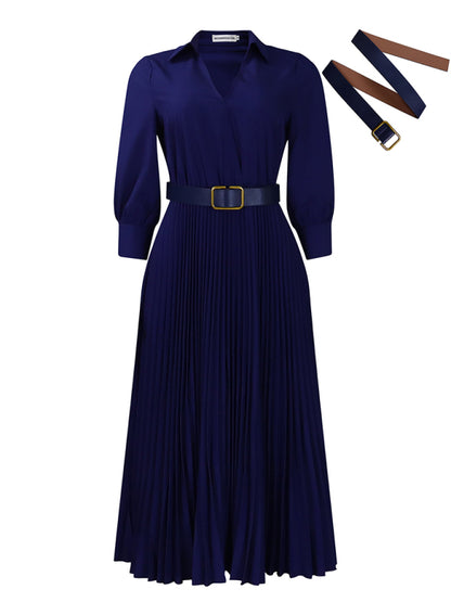 Elegant Dresses - Belted Elegant Pleated Midi Dress for Cocktail Affairs