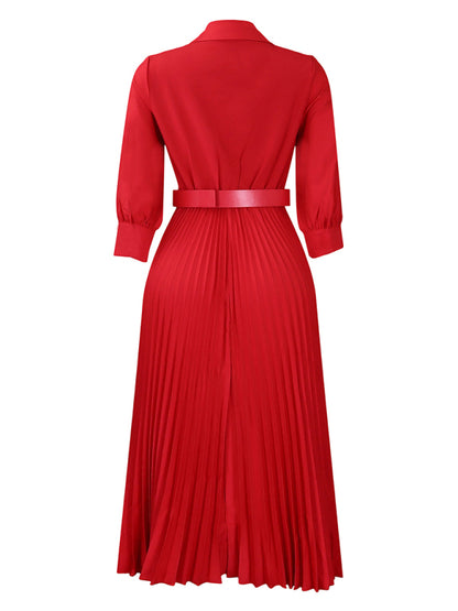 Elegant Dresses - Belted Elegant Pleated Midi Dress for Cocktail Affairs