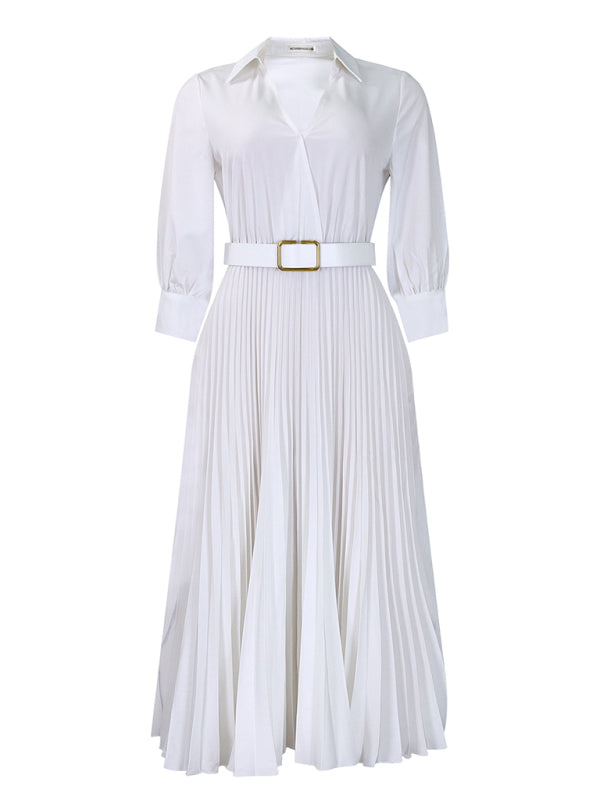 Elegant Dresses - Belted Elegant Pleated Midi Dress for Cocktail Affairs