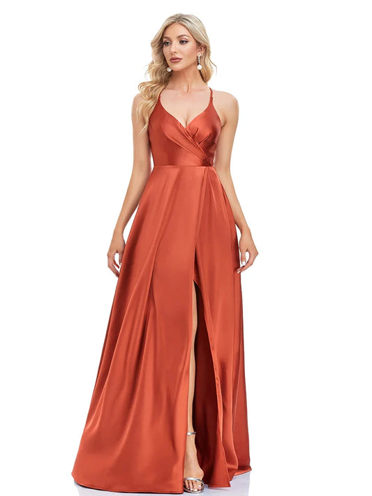 Elegant Dresses- Satin Maxi Dress in Burnt Sienna for Elegant Nights- Orange-red- Pekosa Women Fashion