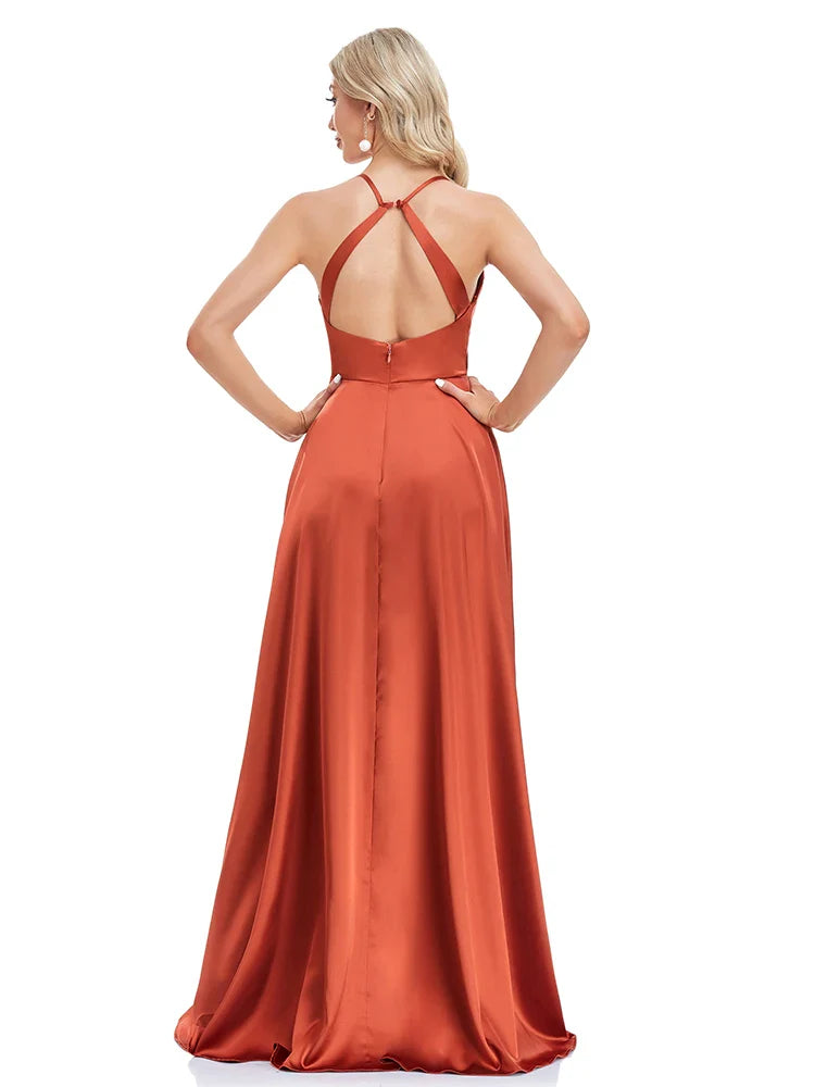 Elegant Dresses- Satin Maxi Dress in Burnt Sienna for Elegant Nights- - Pekosa Women Fashion