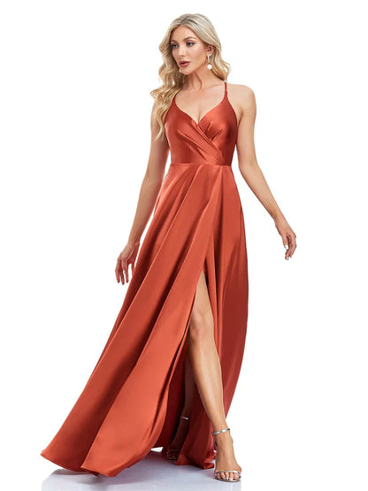 Elegant Dresses- Satin Maxi Dress in Burnt Sienna for Elegant Nights- - Pekosa Women Fashion