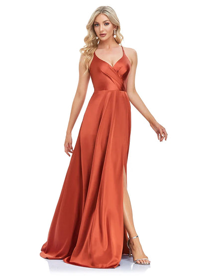 Elegant Dresses- Satin Maxi Dress in Burnt Sienna for Elegant Nights- - Pekosa Women Fashion