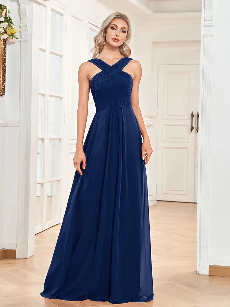 Elegant Dresses- Chiffon A-Line Dress Perfect for Wedding Seasons- Navy Blue- Pekosa Women Fashion