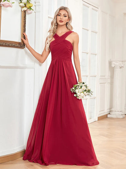 Elegant Dresses- Chiffon A-Line Dress Perfect for Wedding Seasons- Burgundy- Pekosa Women Fashion