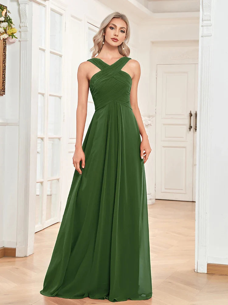 Elegant Dresses- Chiffon A-Line Dress Perfect for Wedding Seasons- Dark Green- Pekosa Women Fashion