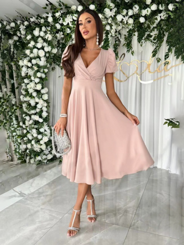 Elegant Dresses- Cocktail Couture Surplice V-Neck Dress with Puff Sleeves- - Chuzko Women Clothing