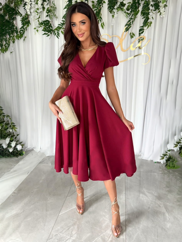 Elegant Dresses- Cocktail Couture Surplice V-Neck Dress with Puff Sleeves- - Chuzko Women Clothing