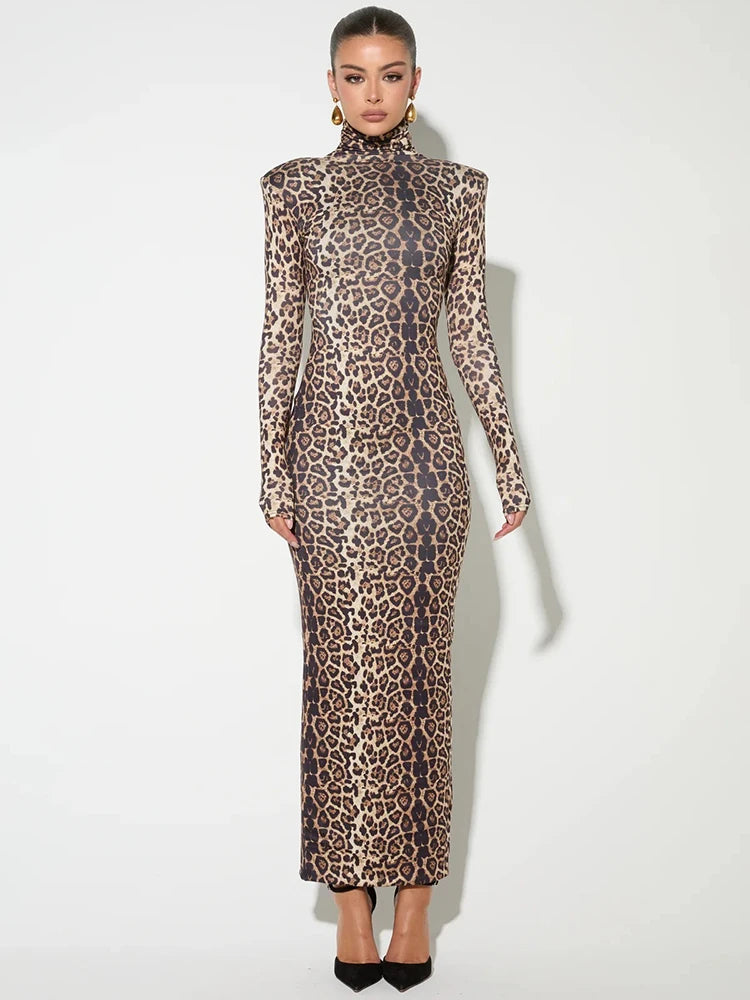 Elegant Dresses - Elegant Animal Print Gala Dress Winter High Neck Gown