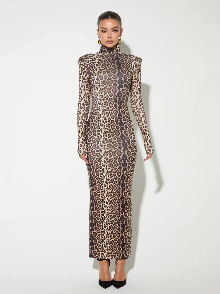 Elegant Dresses - Elegant Animal Print Gala Dress Winter High Neck Gown