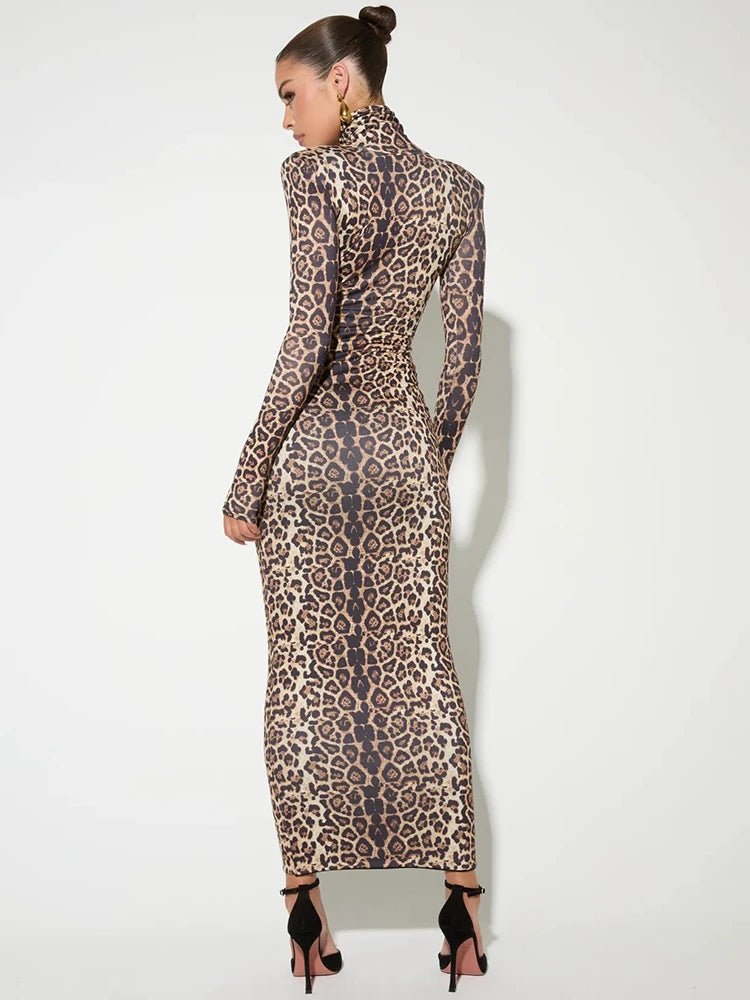 Elegant Dresses - Elegant Animal Print Gala Dress Winter High Neck Gown