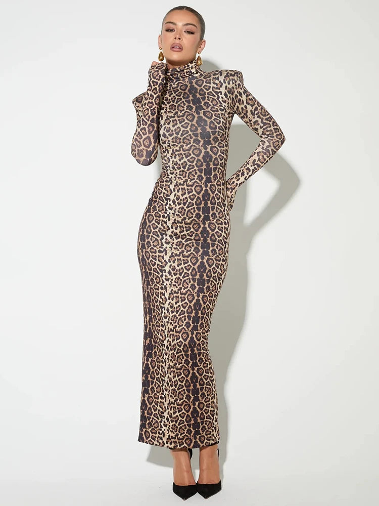 Elegant Dresses - Elegant Animal Print Gala Dress Winter High Neck Gown