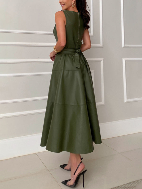 Elegant Dresses - Elegant Belted Leather A-Line Midi Dress