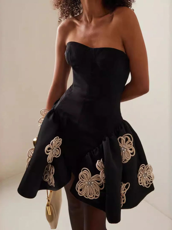 Elegant Dresses - Elegant Black Bustier Strapless Puff Mini Dress for Cocktail