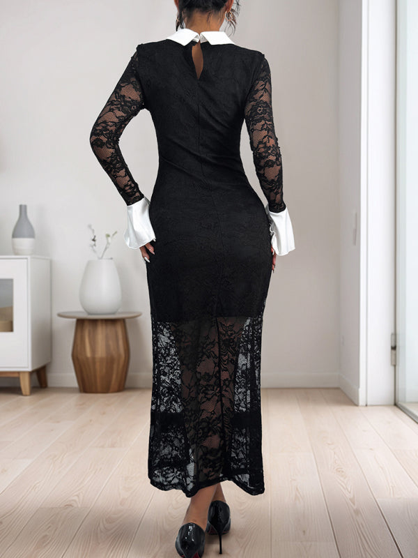 Elegant Dresses - Elegant Black Lace Mermaid Cocktail Dress Preppy-Collar Gown