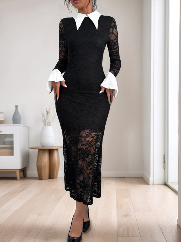 Elegant Dresses - Elegant Black Lace Mermaid Cocktail Dress Preppy-Collar Gown