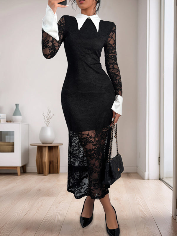 Elegant Dresses - Elegant Black Lace Mermaid Cocktail Dress Preppy-Collar Gown