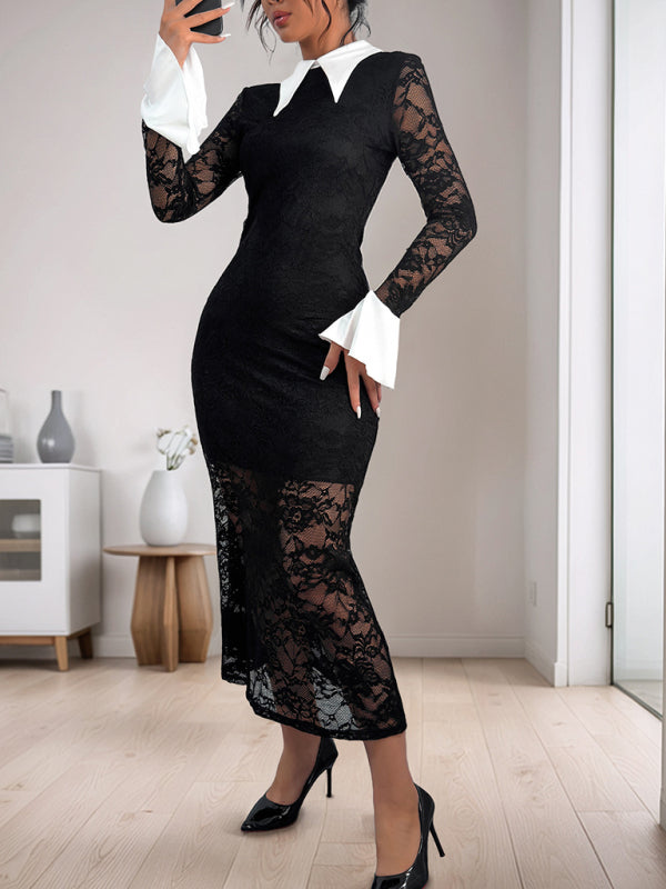 Elegant Dresses - Elegant Black Lace Mermaid Cocktail Dress Preppy-Collar Gown