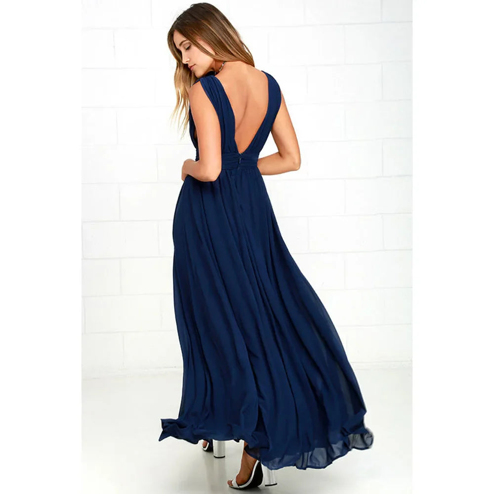 Elegant Dresses- Elegant Chiffon Maxi Dress - Plunging Neckline for Gala Nights- - Chuzko Women Clothing